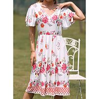 Women's Swing Dress Knee Length Dress White Dark Blue Short Sleeve Print Spring Summer Casual / Daily 2021 M L XL 2XL 3XL miniinthebox - thumbnail