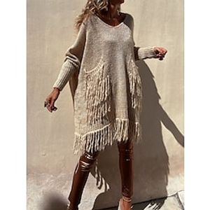 Women's Pullover Sweater Jumper Crew Neck Ribbed Knit Polyester Pocket Tassel Knitted Fall Winter Long Outdoor Daily Going out Fashion Streetwear Casual Long Sleeve Solid Color Camel Green Grey S / M miniinthebox