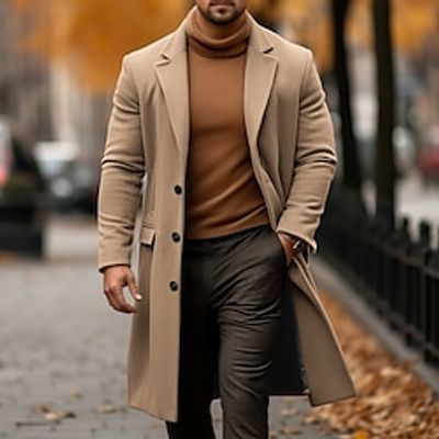 Men's Winter Coat Overcoat Trench Coat Outdoor Daily Wear Fall  Winter Polyester Warm Outerwear Clothing Apparel Fashion Streetwear Plain Pocket Turndown Single Breasted Lightinthebox
