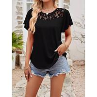 T shirt Tee Women's Black White Blue Plain Lace Street Daily Fashion Round Neck Regular Fit S Lightinthebox