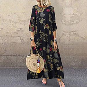Women's Plus Size Dress A Line Dress Maxi long Dress 34-Length Sleeve Floral Print Casual Fall Spring Navy Red Rose Red L XL 2XL 3XL 4XL Lightinthebox