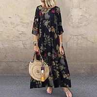 Women's Plus Size Dress A Line Dress Maxi long Dress 34-Length Sleeve Floral Print Casual Fall Spring Navy Red Rose Red L XL 2XL 3XL 4XL Lightinthebox - thumbnail