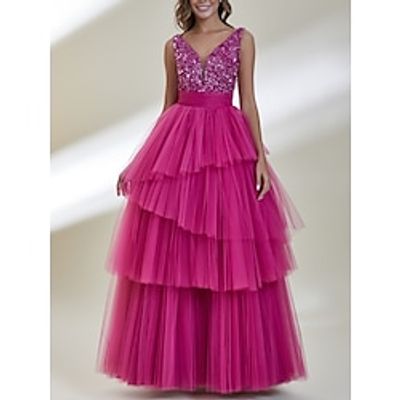 A-Line Prom Dresses Elegant Dress Formal Floor Length Sleeveless V Neck Tulle with Pleats Sequin 2023 Lightinthebox
