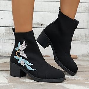 Women's Boots Sweater Boots Plus Size Work Daily Booties Ankle Boots Beading Chunky Heel Round Toe Elegant Casual Comfort Tissage Volant Zipper Lace-up Solid Color Embroidered Black miniinthebox
