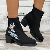 Women's Boots Sweater Boots Plus Size Work Daily Booties Ankle Boots Beading Chunky Heel Round Toe Elegant Casual Comfort Tissage Volant Zipper Lace-up Solid Color Embroidered Black miniinthebox - thumbnail