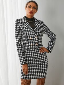 YOINS Black Houndstooth Long Sleeves Two Piece Whith Skirt