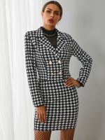 YOINS Black Houndstooth Long Sleeves Two Piece Whith Skirt - thumbnail