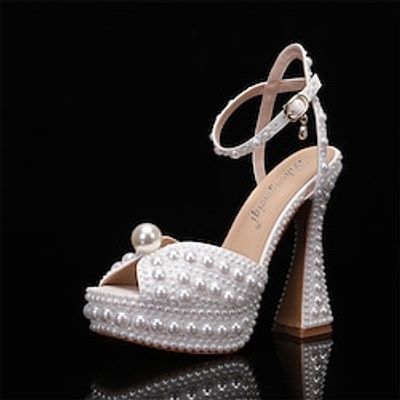 Women's Wedding Shoes Pumps Dress Shoes White Shoes Wedding Party Wedding Sandals Bridal Shoes Bridesmaid Shoes Summer Imitation Pearl Platform Peep Toe Elegant Classic Minimalism PU Buckle Ankle miniinthebox