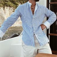 Men's Shirt Button Up Shirt Casual Shirt Summer Shirt Beach Shirt Blue Long Sleeve Striped Henley Holiday Vacation Button-Down Clothing Apparel Fashion Casual Comfortable Lightinthebox