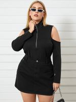 YOINS Plus Size Cold Shoulder Zip Design Long Sleeves Tee - thumbnail