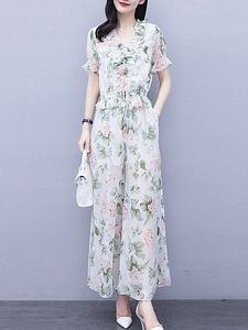 V-neck Chiffon Print Wide-leg Pants Suit