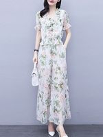 V-neck Chiffon Print Wide-leg Pants Suit - thumbnail