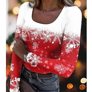 Christmas Shirt Women's T shirt Tee Snowflake Yellow Pink Red Print Long Sleeve Party Christmas Weekend Festival  Holiday U Neck Regular Fit Spring   Fall Lightinthebox