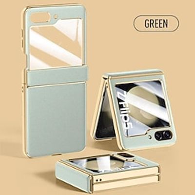 Phone Case for Samsung Galaxy Z Flip 5 Case Plain Leather With Tempered Glass Hinge All-inclusive Folding Shockproof Hard Cover Accessories Lightinthebox