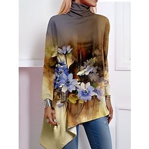 Women's Shirt Blouse Floral Yellow Blue Green Print Asymmetric Hem Long Sleeve Casual Holiday Fashion High Neck Regular Fit Spring   Fall Lightinthebox