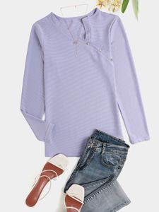 Oblique Button V-neck Long Sleeves Ribbed Knit Top