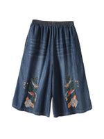 Causal Denim Embroidered Elastic Waist Wide Leg Pants