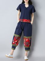 Floral Patchwork Short Sleeve T-shirt With Pants Women Suit
