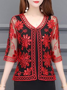 See-through Paillette Floral Three-quarter Sleeve Cardigan