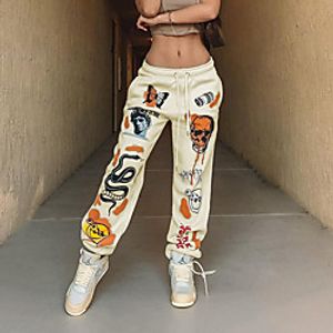 Women's Casual  Sporty Sweatpants Comfort Halloween Weekend Sweatpants Pants Graphic Butterfly Skull Full Length Elastic Drawstring Design Print Yellow Gray White Beige Lightinthebox