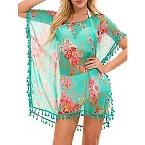 Women's Cover Up Beach Formal Dress Beach Wear Mini Formal Dress Tassel Fringe Print Tropical Fashion Floral Crewneck Short Sleeve Loose Fit Outdoor Daily Yellow Orange 2023 Summer Spring One Size Lightinthebox