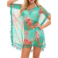 Women's Cover Up Beach Formal Dress Beach Wear Mini Formal Dress Tassel Fringe Print Tropical Fashion Floral Crewneck Short Sleeve Loose Fit Outdoor Daily Yellow Orange 2023 Summer Spring One Size Lightinthebox - thumbnail