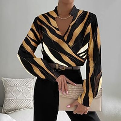 Women's Shirt Blouse Striped Work Yellow Pink Blue Print Long Sleeve Fashion V Neck Regular Fit Spring   Fall Lightinthebox