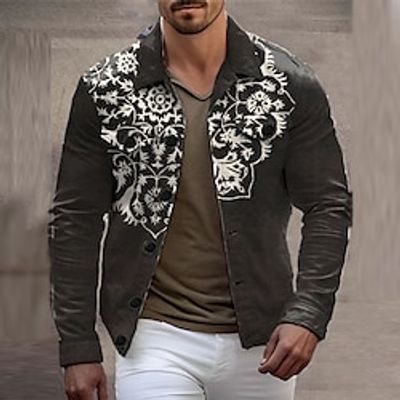 Floral Tribal Bandana Print Vintage Tribal Men's Shirt Shirt Jacket Shacket Outdoor Street Casual Daily Fall  Winter Turndown Long Sleeve Black Dark Navy S M L Shirt Lightinthebox