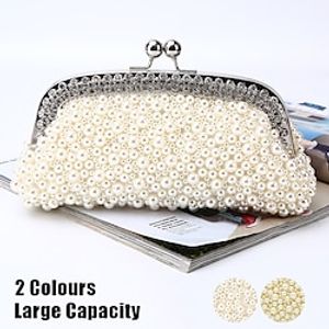 Women's Clutch Evening Bag Wristlet Satin Party Daily Holiday Pearls Crystals Chain Large Capacity Lightweight Durable Solid Color Champagne off-white miniinthebox