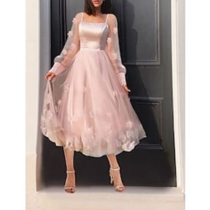 Ball Gown A-Line Homecoming Dresses Floral Dress Cocktail Party Tea Length Long Sleeve Off Shoulder Tulle Ladder Back with Butterfly 2023 Lightinthebox