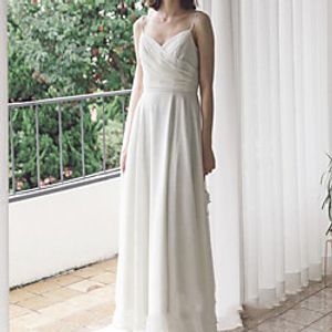 Sheath  Column Wedding Dresses V Neck Spaghetti Strap Floor Length Chiffon Sleeveless Simple with Ruched 2021 Lightinthebox