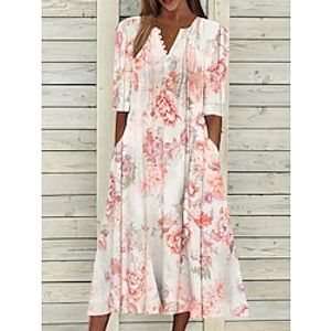 Women's Casual Dress Summer Dress Print Dress Floral Button Pocket V Neck Midi Dress Active Fashion Outdoor Daily Short Sleeve Regular Fit Pink Summer Spring S M L XL XXL Lightinthebox
