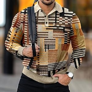Stripes Men's Casual Polo Shirt Golf Polo Sports Daily Wear Vacation Polyester Long Sleeve Turndown Polo Shirts Brown Khaki Spring   Fall S M L Micro-elastic Lapel Polo Lightinthebox