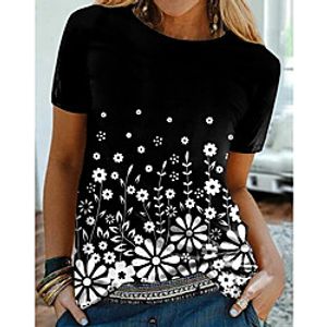 Women's Floral Theme T shirt Floral Graphic Print Round Neck Basic Tops Black miniinthebox