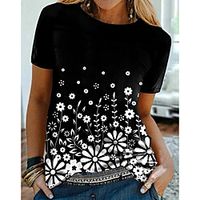 Women's Floral Theme T shirt Floral Graphic Print Round Neck Basic Tops Black miniinthebox - thumbnail