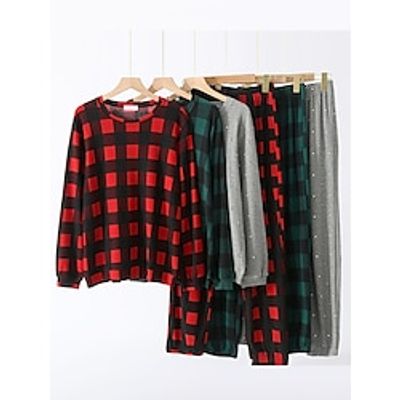 Women's Loungewear Sets Grid  Plaid Penguin Active Sport Casual Home Daily Going out Cotton Breathable Crew Neck Long Sleeve Hoodie Pant Pocket Elastic Waist Fall Winter Red Green Lightinthebox