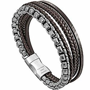 mens bracelet leather and stainless steel with magnetic clap, multiple braided bracelet, brown black steel chain bracelet for men (brown, silver, 8) Lightinthebox