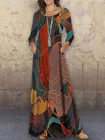 Round Neck Casual Loose Printed Long Sleeve Maxi Dress