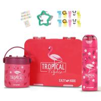 Eazy Kids 6 & 4 Convertible Bento Lunch Box With Stainless Steel 640Ml Water Bottle And Sandwich Cutter Set & Food Jar - Tropical Pink