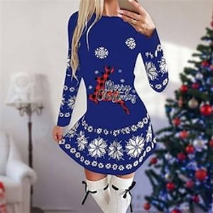 Women's Christmas Casual Dress T Shirt Dress Tee Dress  Short Mini Dress Blue Red Black Long Sleeve Letter Elk Snowflake Print Fall Winter Crew Neck Casual Mature Loose Fit 2022 S M L XL XXL 3XL miniinthebox