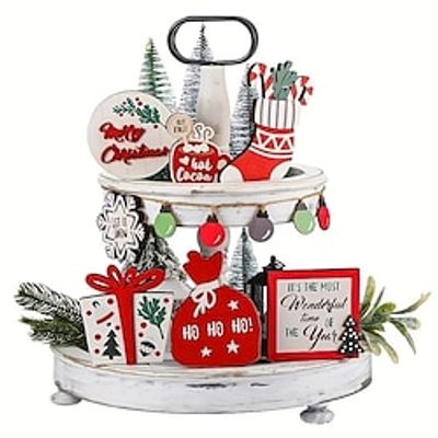 12pcs/set Christmas Tiered Tray Decoration, Gifts, Snowflakes, Wallets, Socks, Coffee, Letters Sign Wooden Ornaments, Home Layered Tray Decoration Set, Holiday Supplies, Christmas Gifts, New Year Part miniinthebox