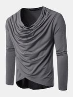 Mens Stylish Solid Color Irregular Tops Pile Heap Collar Long Sleeve Casual Cotton T-shirt