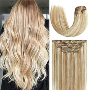 Hair Extensions Clip in Human Hair 20inch Ombre Golden Brown Mixed with Blonde 7pcs 70g Remy Clip in Human Hair Extensions 8A Brazilian Huaman Hair Extensions Straight Real Hair Extensions Lightinthebox