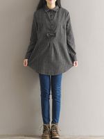 Striped Bowknot Irregular Hem Long Sleeve Blouse