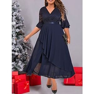 Women's Plus Size Prom Dress Party Dress Lace Dress Long Dress Maxi Dress Navy Blue 34 Length Sleeve Pure Color Lace Spring Fall Winter V Neck Fashion Wedding Guest Evening Party Fall Dress 2023 L Lightinthebox