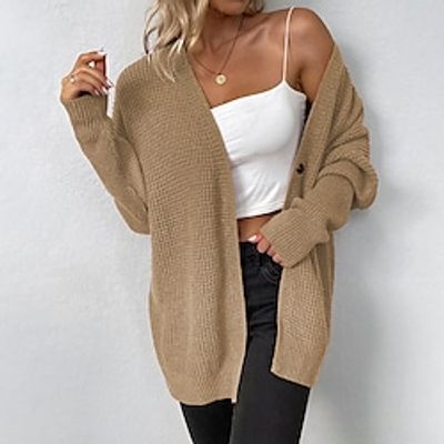 Women's Cardigan Sweater Jumper Crochet Knit Knitted Pure Color Open Front Stylish Casual Daily Holiday Winter Fall Wine Khaki S M L / Long Sleeve / Regular Fit / Going out miniinthebox