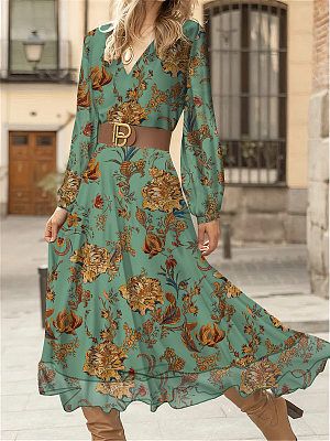 Women's Retro Floral Print Elegant Swing Maxi Holiday Party Dress