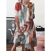 Women's Casual Dress Print Dress Pleated Dress Leaf Ruched Print Crew Neck Midi Dress Fashion Modern Outdoor Daily Long Sleeve Regular Fit White Yellow Red Spring Summer S M L XL XXL Lightinthebox - thumbnail