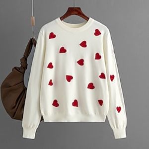 Women's Pullover Sweater Jumper Crew Neck Cable Knit Polyester Knitted Fall Winter Regular Outdoor Going out Valentine Streetwear Stylish Casual Long Sleeve Heart Black White One-Size Lightinthebox