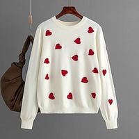 Women's Pullover Sweater Jumper Crew Neck Cable Knit Polyester Knitted Fall Winter Regular Outdoor Going out Valentine Streetwear Stylish Casual Long Sleeve Heart Black White One-Size Lightinthebox - thumbnail